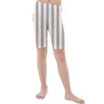 Vertical Stripes - White and Khaki Brown Kid s Mid Length Swim Shorts