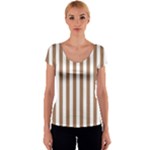 Vertical Stripes - White and French Beige Women s V-Neck Cap Sleeve Top