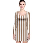 Vertical Stripes - White and French Beige Long Sleeve Velvet Bodycon Dress