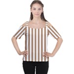 Vertical Stripes - White and French Beige Women s Cutout Shoulder Tee