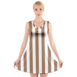 Vertical Stripes - White and French Beige V-Neck Sleeveless Dress