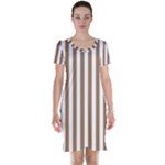 Vertical Stripes - White and French Beige Short Sleeve Nightdress