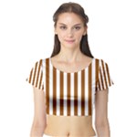 Vertical Stripes - White and Brown Short Sleeve Crop Top (Tight Fit)