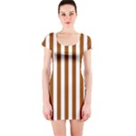 Vertical Stripes - White and Brown Short Sleeve Bodycon Dress