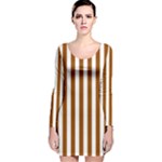 Vertical Stripes - White and Brown Long Sleeve Velvet Bodycon Dress