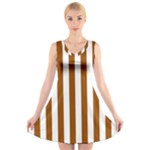 Vertical Stripes - White and Brown V-Neck Sleeveless Dress