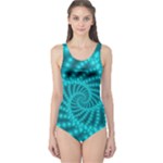 Glossy Pastel Blue Beaded Spiral Fractal One Piece Swimsuit