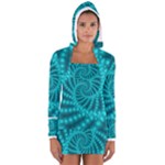 Glossy Pastel Blue Beaded Spiral Fractal Women s Long Sleeve Hooded T-shirt