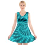 Glossy Pastel Blue Beaded Spiral Fractal V-Neck Sleeveless Dress