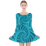 Glossy Pastel Blue Beaded Spiral Fractal Long Sleeve Velvet Skater Dress