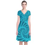 Glossy Pastel Blue Beaded Spiral Fractal Short Sleeve Front Wrap Dress