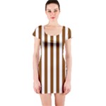 Vertical Stripes - White and Chocolate Brown Short Sleeve Bodycon Dress