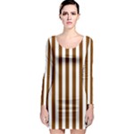 Vertical Stripes - White and Chocolate Brown Long Sleeve Bodycon Dress