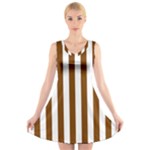 Vertical Stripes - White and Chocolate Brown V-Neck Sleeveless Dress