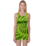 Glossy Lime Green Beaded Spiral Fractal One Piece Boyleg Swimsuit