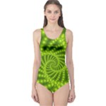 Glossy Lime Green Beaded Spiral Fractal One Piece Swimsuit