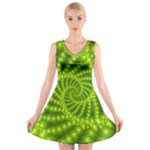 Glossy Lime Green Beaded Spiral Fractal V-Neck Sleeveless Dress