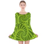 Glossy Lime Green Beaded Spiral Fractal Long Sleeve Velvet Skater Dress