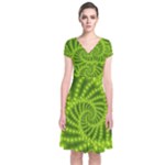 Glossy Lime Green Beaded Spiral Fractal Short Sleeve Front Wrap Dress