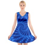 Glossy Blue Beaded Spiral Fractal V-Neck Sleeveless Dress