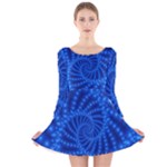 Glossy Blue Beaded Spiral Fractal Long Sleeve Velvet Skater Dress