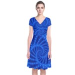 Glossy Blue Beaded Spiral Fractal Short Sleeve Front Wrap Dress