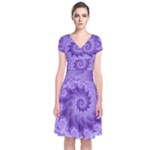 Silky Purple Spiral Fractal Short Sleeve Front Wrap Dress