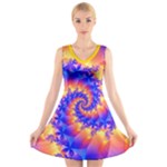 Colorful Psychedelic Spiral Fractal V-Neck Sleeveless Dress