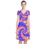 Colorful Psychedelic Spiral Fractal Short Sleeve Front Wrap Dress