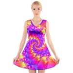 Colorful Psychedelic Spiral Fractal V-Neck Sleeveless Dress