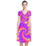 Colorful Psychedelic Spiral Fractal Short Sleeve Front Wrap Dress