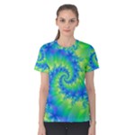 Colorful Blue and Green Spiral Fractal  Women s Cotton Tee