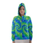 Colorful Blue and Green Spiral Fractal  Hooded Wind Breaker (Women)