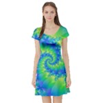 Colorful Blue and Green Spiral Fractal  Short Sleeve Skater Dress