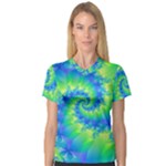 Colorful Blue and Green Spiral Fractal  Women s V-Neck Sport Mesh Tee