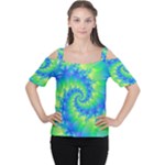 Colorful Blue and Green Spiral Fractal  Women s Cutout Shoulder Tee