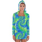 Colorful Blue and Green Spiral Fractal  Women s Long Sleeve Hooded T-shirt