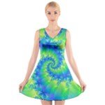 Colorful Blue and Green Spiral Fractal  V-Neck Sleeveless Dress