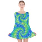 Colorful Blue and Green Spiral Fractal  Long Sleeve Velvet Skater Dress