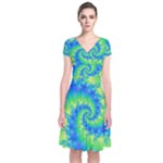 Colorful Blue and Green Spiral Fractal  Short Sleeve Front Wrap Dress