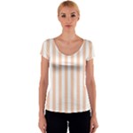 Vertical Stripes - White and Apricot Orange Women s V-Neck Cap Sleeve Top