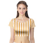 Vertical Stripes - White and Pastel Orange Short Sleeve Crop Top (Tight Fit)