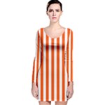 Vertical Stripes - White and Tangelo Orange Long Sleeve Velvet Bodycon Dress