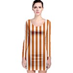 Vertical Stripes - White and Burnt Orange Long Sleeve Bodycon Dress