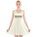 Vertical Stripes - White and Cream Yellow V-Neck Sleeveless Dress