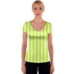 Vertical Stripes - White and Fluorescent Yellow Women s V-Neck Cap Sleeve Top