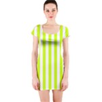 Vertical Stripes - White and Fluorescent Yellow Short Sleeve Bodycon Dress