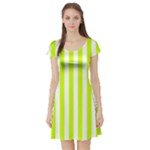 Vertical Stripes - White and Fluorescent Yellow Short Sleeve Skater Dress