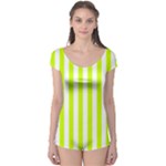 Vertical Stripes - White and Fluorescent Yellow Boyleg Leotard (Ladies)