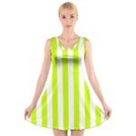 Vertical Stripes - White and Fluorescent Yellow V-Neck Sleeveless Dress